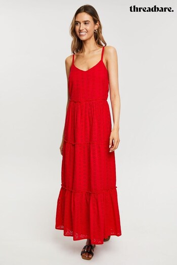 Threadbare Red Cotton Broderie Anglasie Strappy Midi Tie Dress (Q70275) | £42