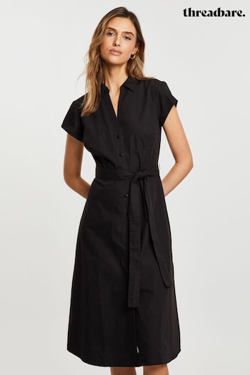 Threadbare Black Cotton Poplin Belted Midi Tussahs Dress (Q70276) | £35