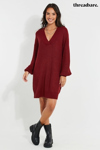 Threadbare Red V-Neck Chunky Cable Knit Jumper Dress (Q70283) | £30