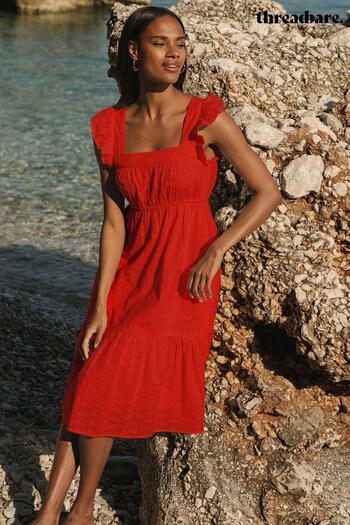 Threadbare Red Cotton Broderie Anglaise Midi Smock Dress (Q70300) | £42