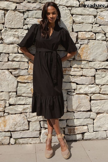 Threadbare Black Cotton Poplin Tiered Midi Dress (Q70310) | £36