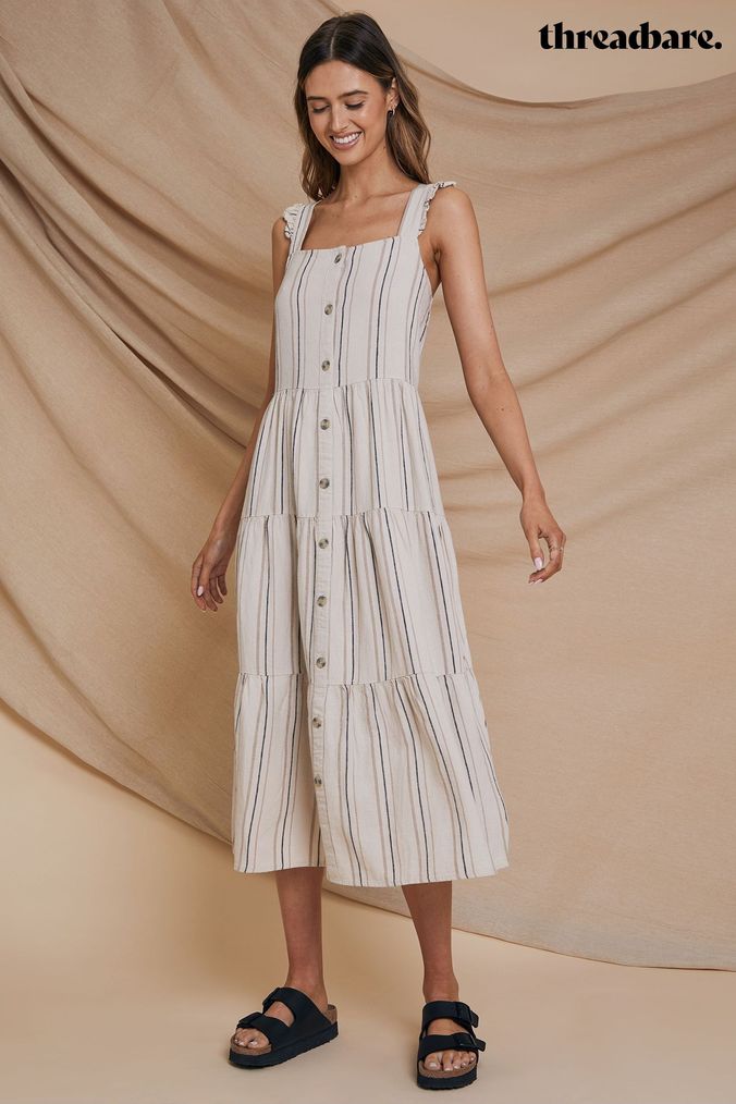 Buy Women s Tiered Smock Linen Stripe Dresses Online Next UK