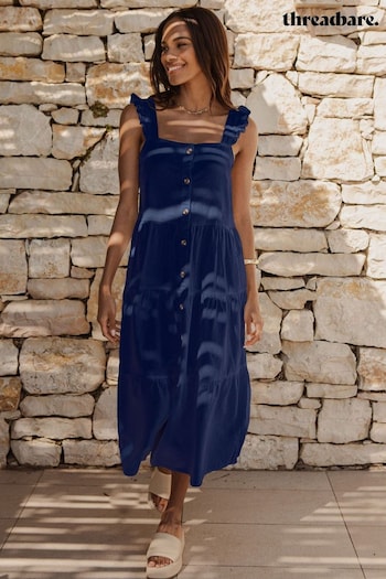 Threadbare Blue Linen Blend Tiered Midi Tussahs Dress (Q70338) | £38