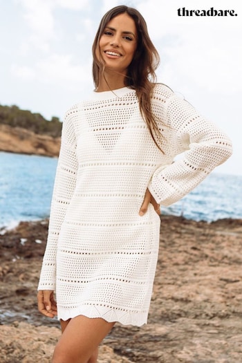 Threadbare White Crochet Long Sleeved Mini Dress (Q70358) | £36