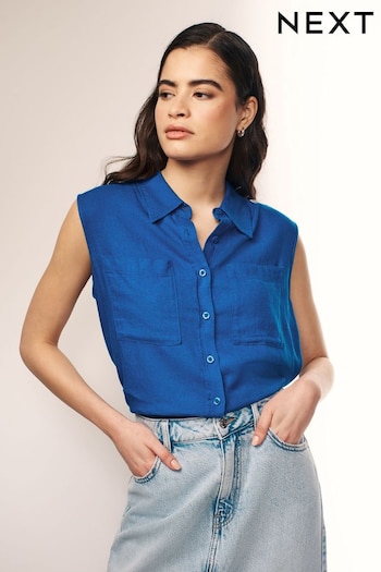 Cobalt Blue Sleeveless Ruched Side Linen Blend Shirt (Q70468) | £22