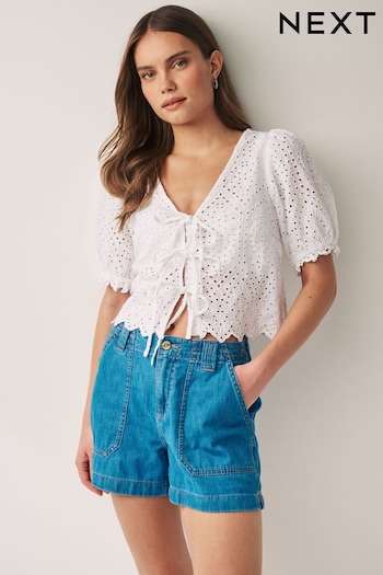 White Short Sleeve Broderie Tie Front Top (Q70524) | £46