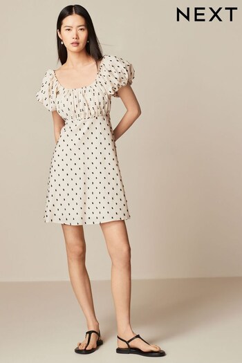 Neutral/Black Polka Dot Mini Puff Sleeve Ruched Front Dress (Q70650) | £40