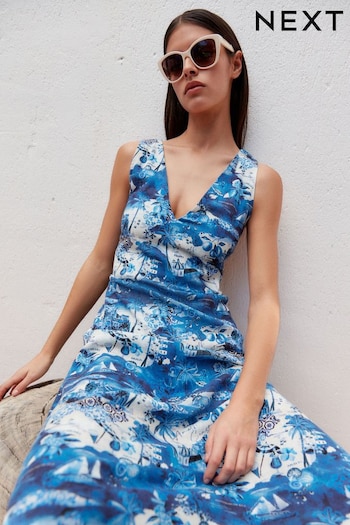 Blue Amalfi Print Linen Blend V-Neck Midi Dress Ruched (Q70660) | £48