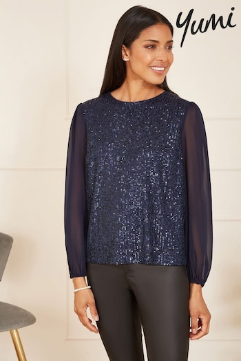 Yumi Blue Sequin Top With Sheer Sleeves (Q70695) | £45