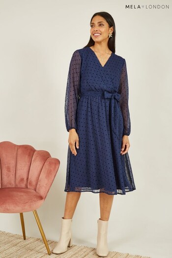 Mela Blue Dobby Spot Long Sleeve Wrap Over Midi Dress (Q70701) | £45