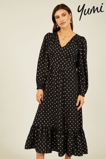 Yumi Black Foil Print Long Sleeve Midi Dress (Q70713) | £65
