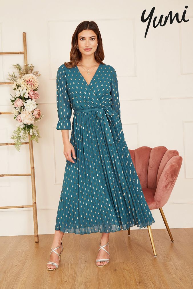 Foil spot pleated midi dress warehouse sale