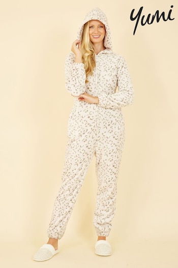 Yumi Cream Leopard Print Fleece Onesie With Pockets (Q70717) | £45