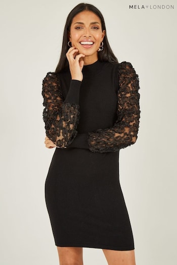 Mela Black Fitted Knitted Dress With Mesh Sleeve (Q70746) | £40