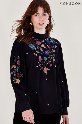 Monsoon Freya Embroidered Bib Black Blouse (Q70768) | £70