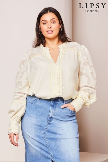 Lipsy Ivory White Curve Long Sleeve Tie Neck Button Through Blouse (Q70840) | £45