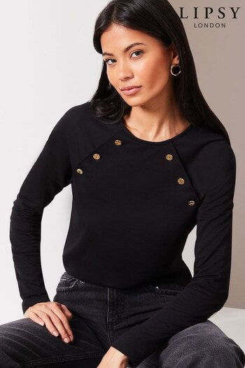 Lipsy Black Round Neck Long Sleeve Button Top (Q70851) | £26