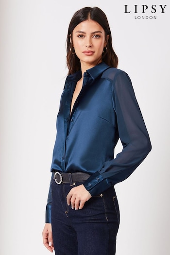 Lipsy Navy Blue Satin Sleeve Button Through Shirt (Q70868) | £38