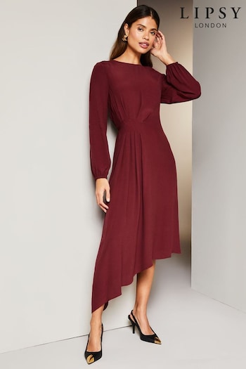 Lipsy Berry Red Long Sleeve Asymmetric Pleated Midi Dress (Q70944) | £52