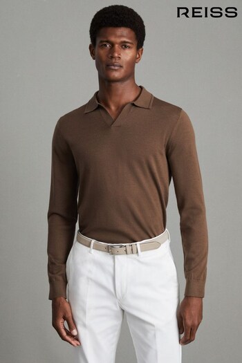 Reiss Pecan Brown Milburn Merino Wool Open Collar Polo Shirt (Q71083) | £98