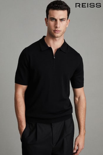 Reiss Black/Gunmetal Maxwell Merino Wool Half-Zip curta Polo Shirt (Q71092) | £88
