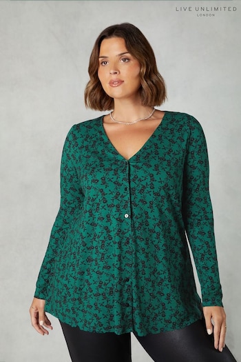 Live Unlimited Green Curve Floral Print Jersey Button Through Shirt (Q71105) | £42