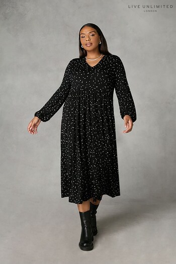 Live Unlimited Curve Star Print Jersey Nehru Collar Relaxed Black Dress (Q71117) | £55
