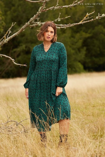 Live Unlimited Green Curve Floral Print Jersey Nehru Collar Relaxed Dress (Q71133) | £55
