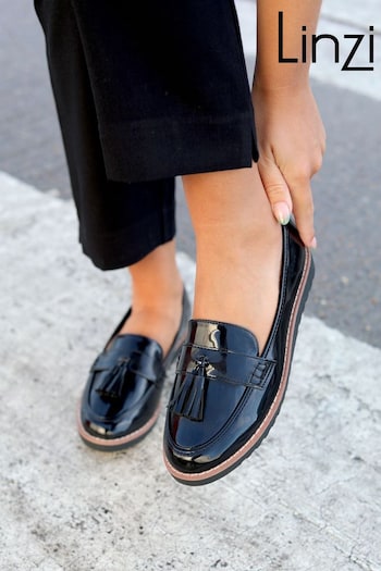 Linzi Black Patent Samson Slip-Ons Loafers With Tassle Trim (Q71267) | £32