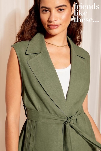 All Custom Sofas Khaki Green Khaki Green Sleeveless Tie Waist Blazer Co Ord with Linen (Q71676) | £48