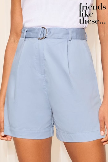 Chocolate & Sweets Blue Cotton Poplin High Waisted D Ring Belted Tailored Short (Q71741) | £35