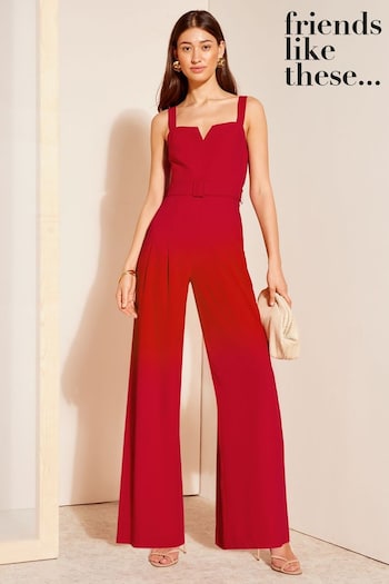 Friends Like These Red Twill Strappy Belted Wide Leg Jumpsuit (Q71743) | £54