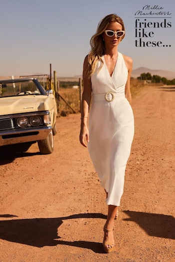 Gifts £50 - £100 Ivory White Petite Linen Rich Halter Neck Belted Midi Dress (Q71747) | £59
