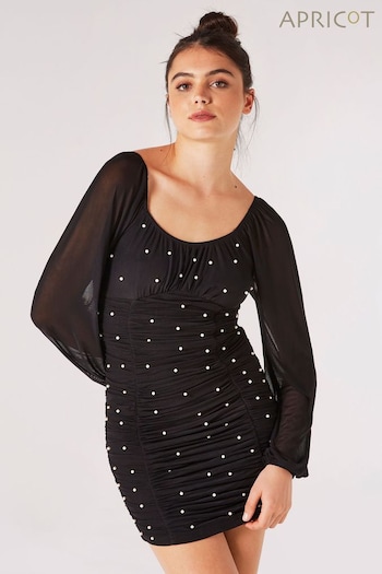 Apricot Black Pearl Mesh Square Neck Ruched Dress (Q71760) | £39