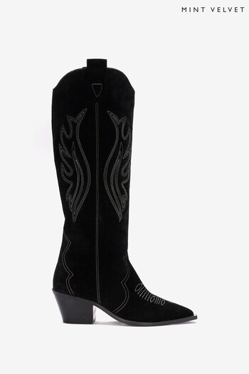 Mint Velvet Black Suede Long Cowboy Boots (Q71780) | £199