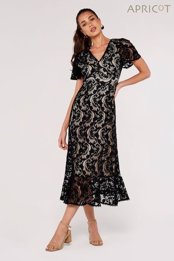 Apricot Black Corded Lace V-Neck Ruffle Dress (Q71786) | £39