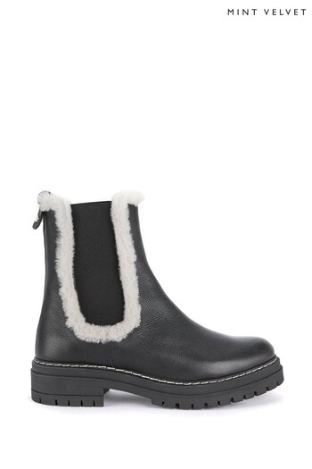 Mint Velvet Black Leather Shearling Boots (Q71796) | £159