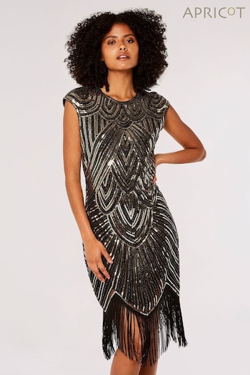 Apricot Black Art Deco Sequin Fringe Dress (Q71812) | £49