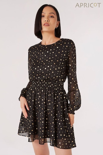 Apricot Black Gold Foil Spot Chiffon Dress (Q71837) | £35