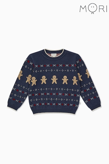 MORI Blue Organic Cotton Gingerbread Knitted Christmas Jumper (Q72024) | £39