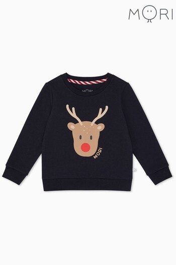 Mori Blue Reindeer Organic Cotton Christmas Sweatshirt Jumper (Q72036) | £26