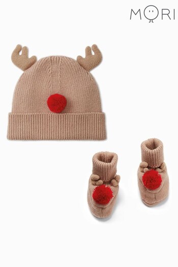 MORI Brown Reindeer Christmas Hat and Booties Set (Q72064) | £32