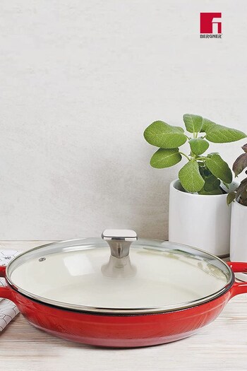 Bergner Red Enamel Cast Iron Shallow 3.3L Casserole with Glass Lid (Q72100) | £65