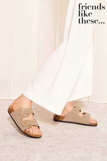 Friends Like These Camel Regular Fit Double Strap Buckle Footbed Faux Leather Slider Sandal (Q72150) | £20