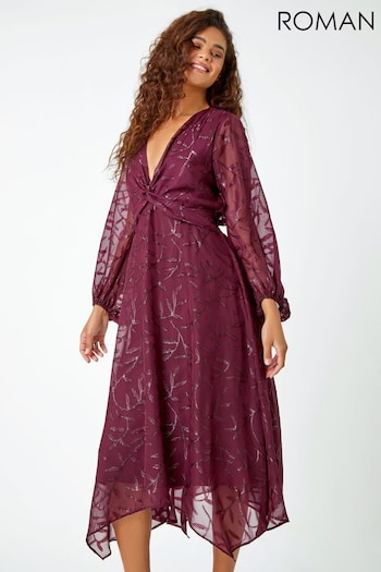 Roman Purple Textured Floral Twist Front Midi Dress (Q72301) | £55