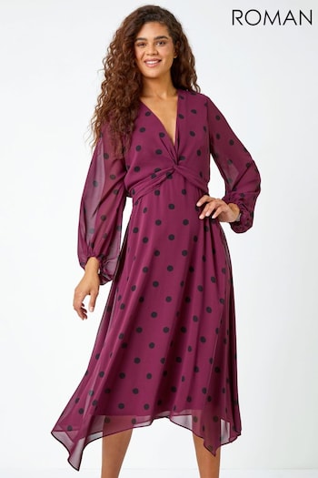Roman Purple Polka Dot Twist Front Midi Dress (Q72311) | £50