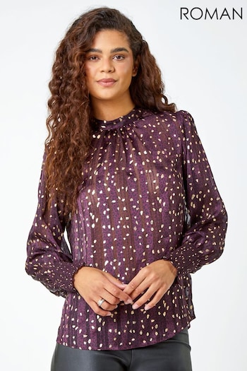 Roman Purple Metallic Animal Spot Print Chiffon Top (Q72313) | £32