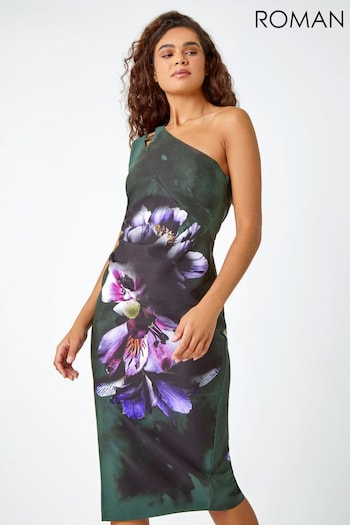 Roman Green Floral Print One Shoulder Stretch Dress (Q72339) | £55