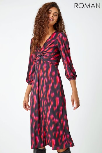 Roman Pink Abstract Twist Front Midi Stretch Dress (Q72346) | £40