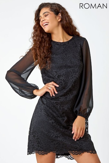 Roman Black Floral Lace Chiffon Sleeve Shift Dress (Q72347) | £55